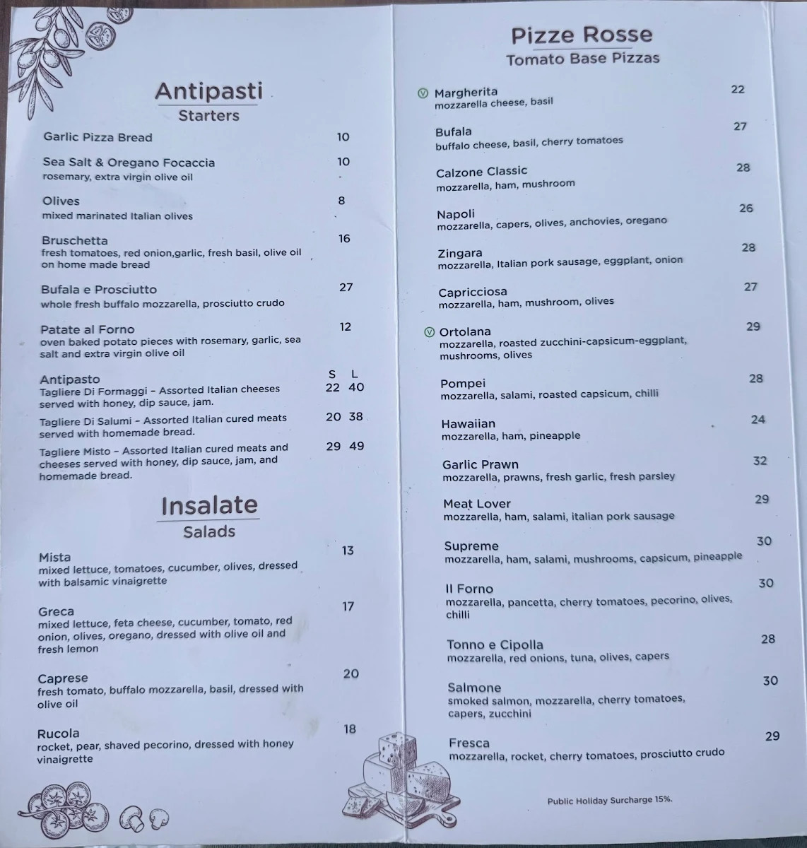 Menu, Il Forno Pizzeria