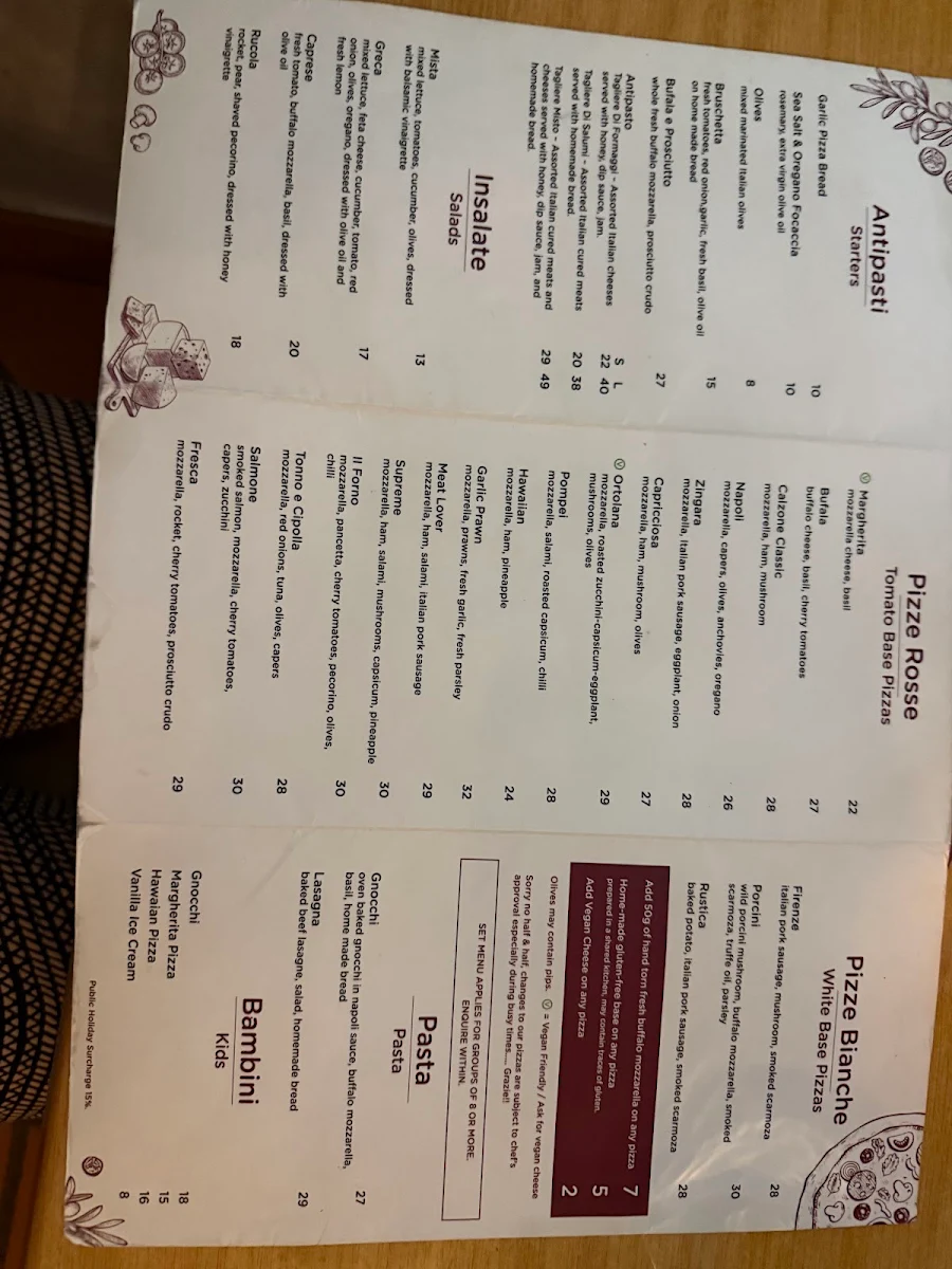 Menu, Il Forno Pizzeria