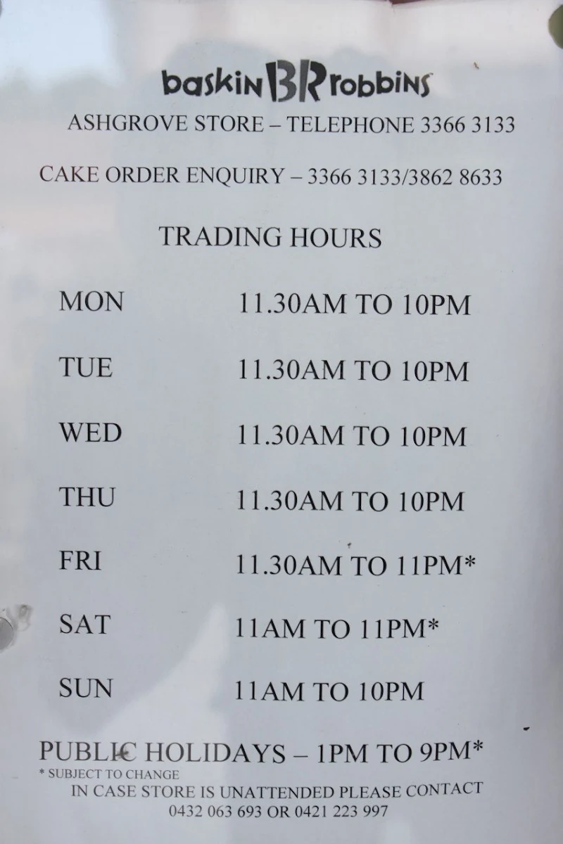Menu, Baskin-Robbins Ashgrove