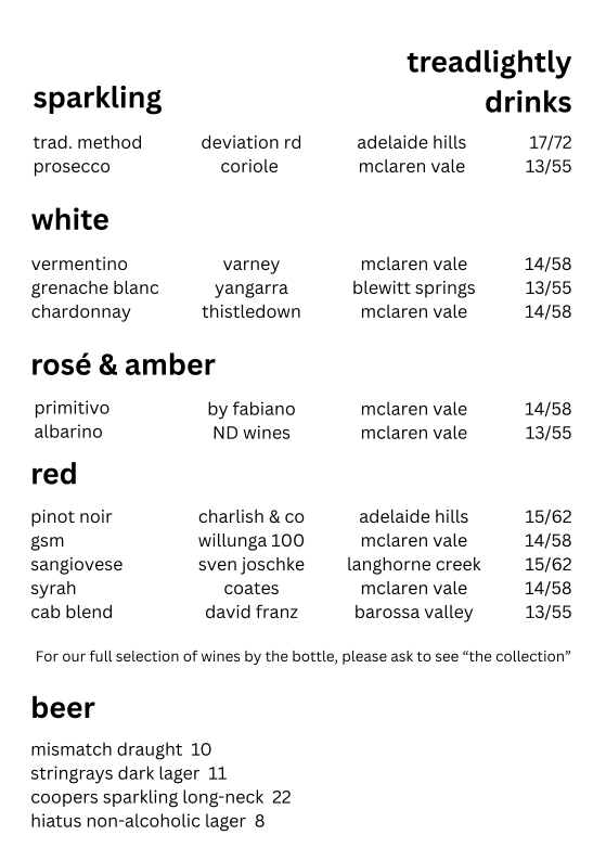 Menu, Tread Lightly Willunga