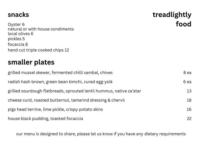 Menu, Tread Lightly Willunga