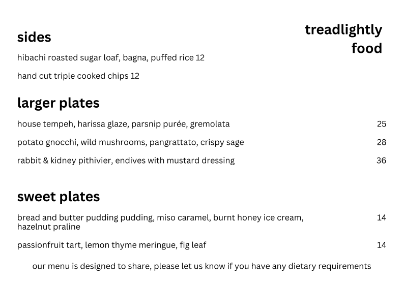 Menu, Tread Lightly Willunga