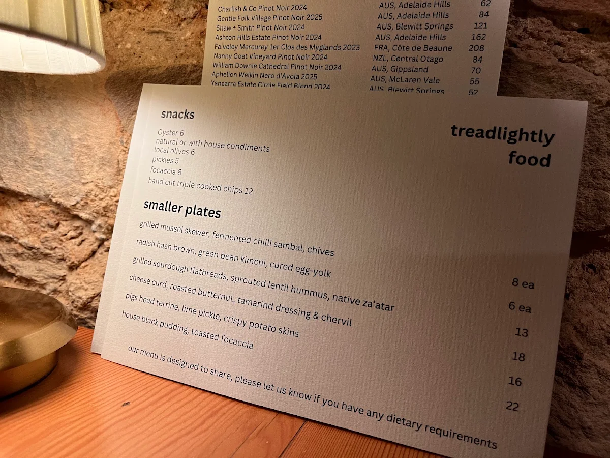 Menu, Tread Lightly Willunga