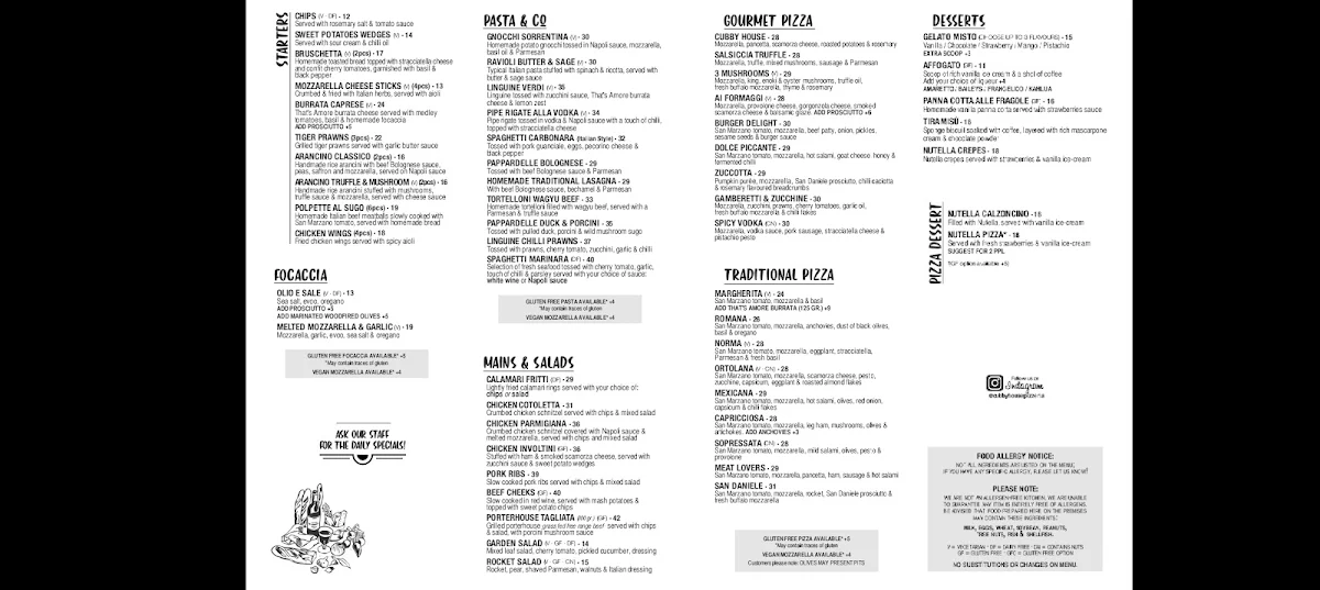 Menu, Cubby House Pizzeria