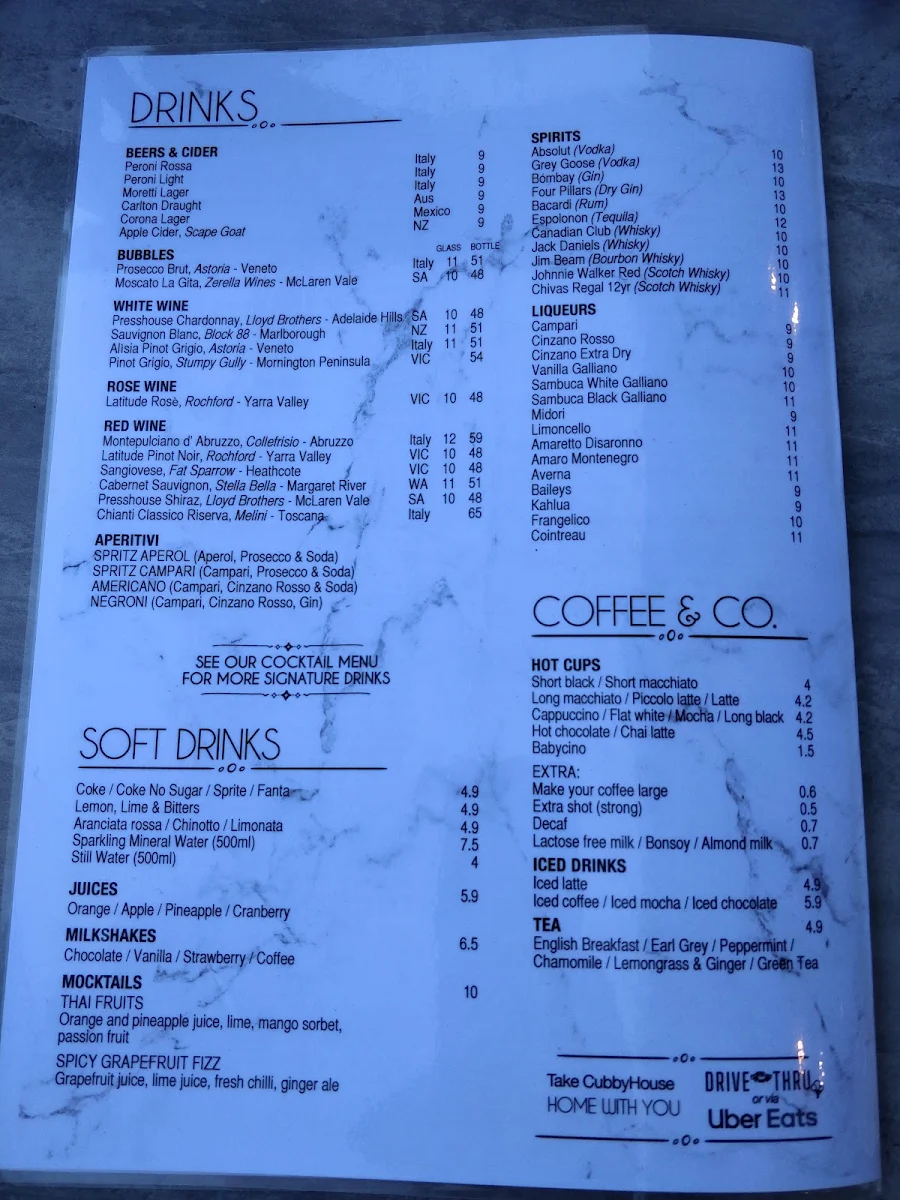 Menu, Cubby House Pizzeria