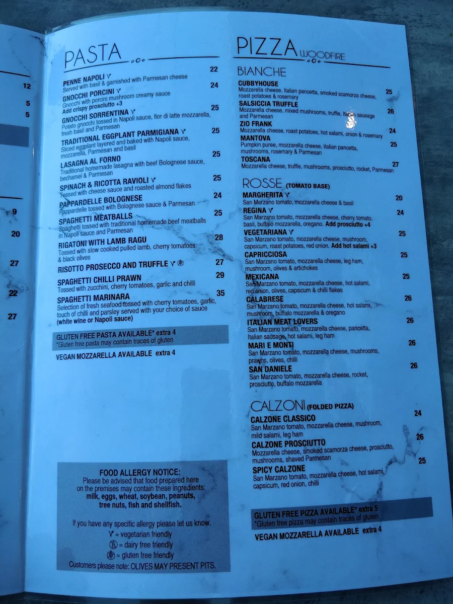 Menu, Cubby House Pizzeria