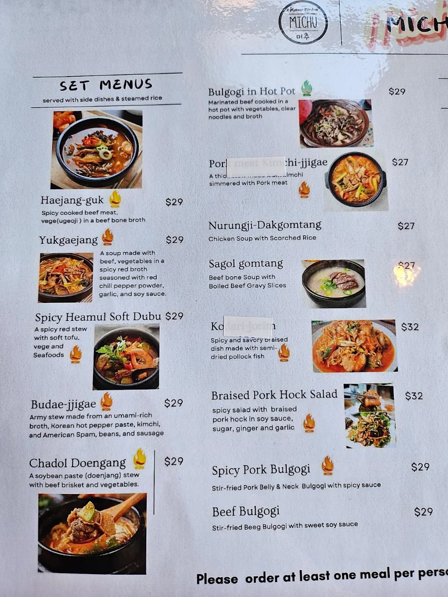 Menu, Michu Korean Restaurant