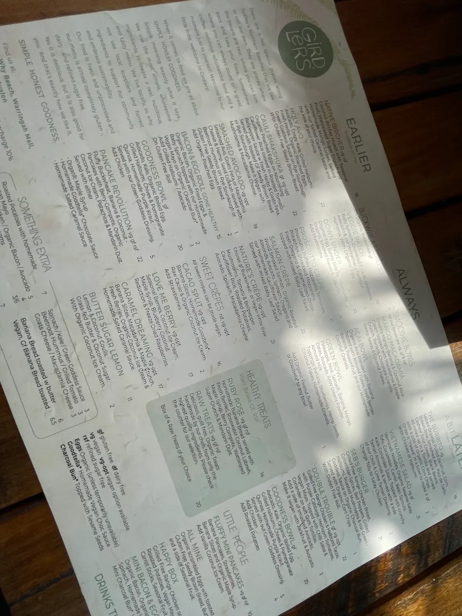 Menu, Girdlers Café - Warringah Mall