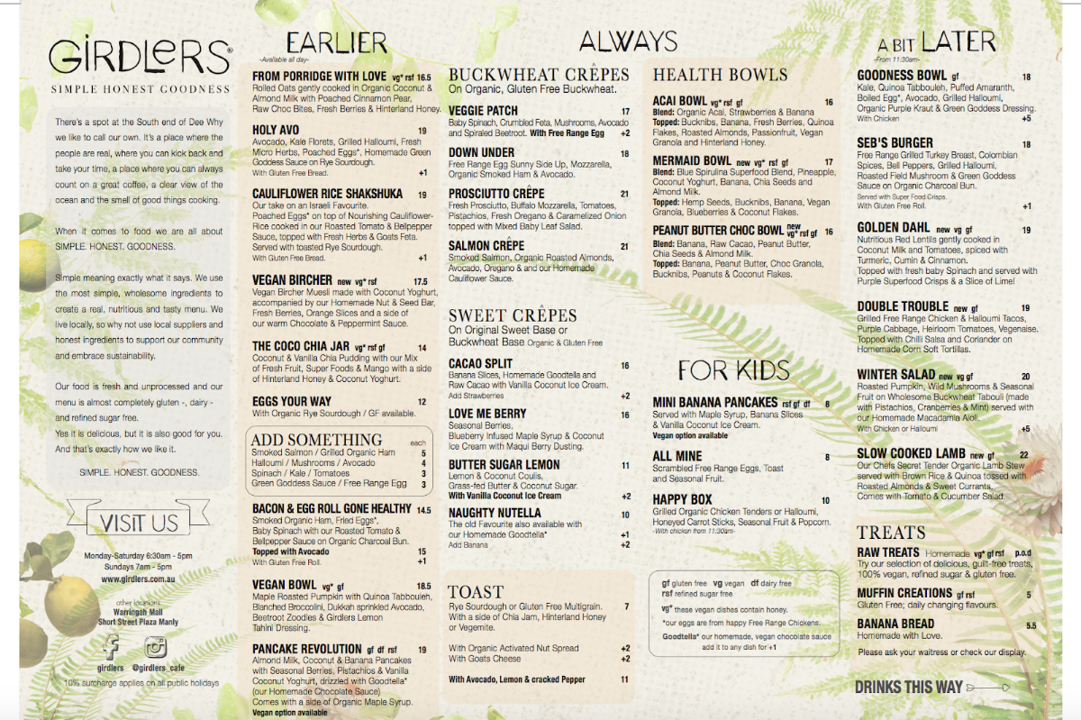 Menu, Girdlers Café - Warringah Mall