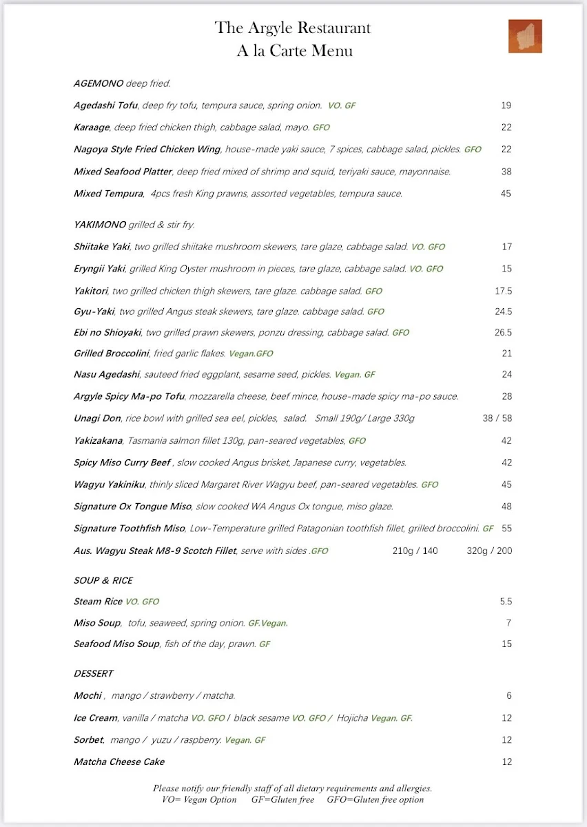 Menu, Argyle Bar & Restaurant