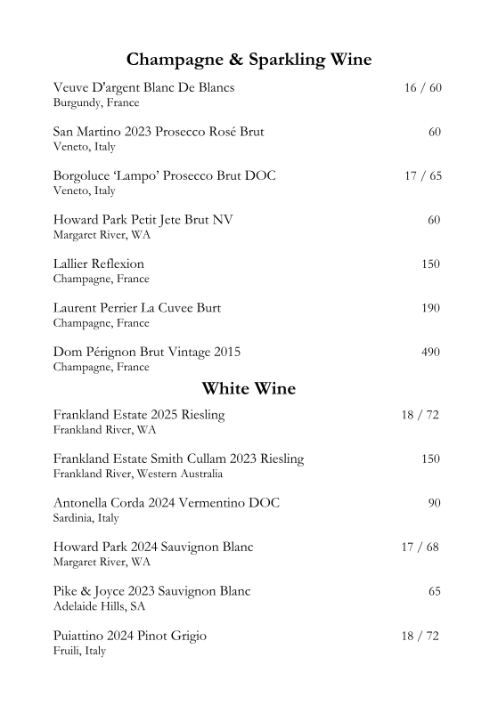 Menu, Argyle Bar & Restaurant