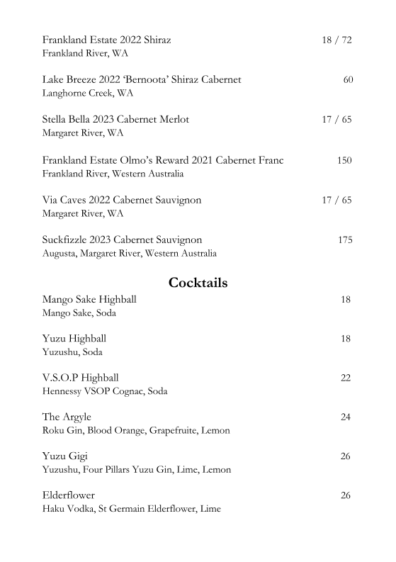 Menu, Argyle Bar & Restaurant