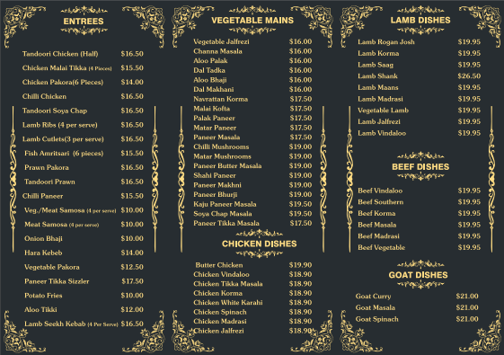 Menu, Khanna Indian Restaurant