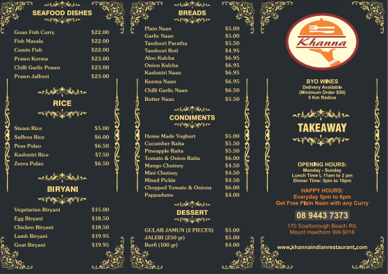 Menu, Khanna Indian Restaurant