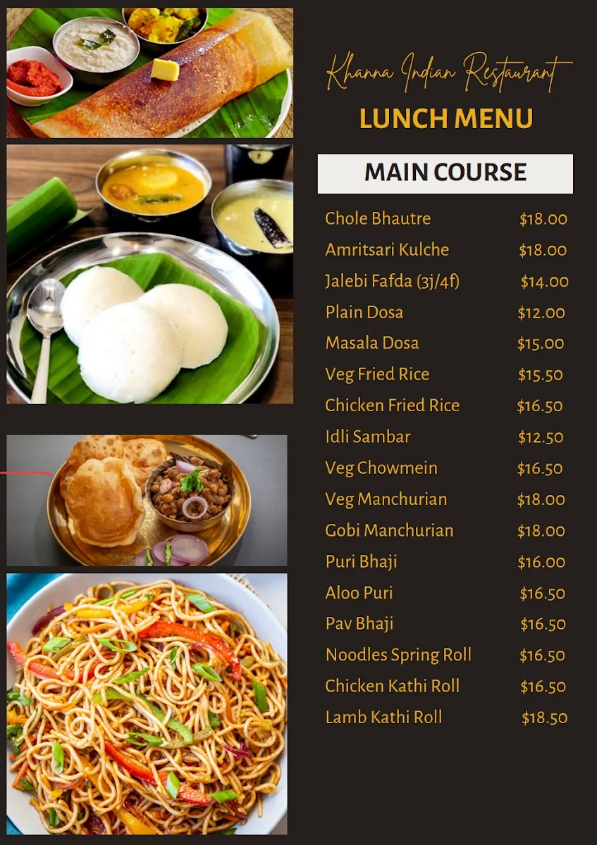 Menu, Khanna Indian Restaurant