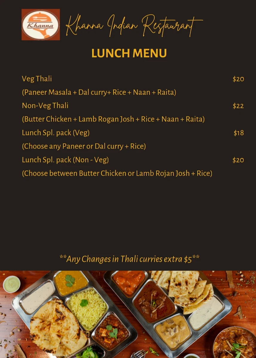 Menu, Khanna Indian Restaurant