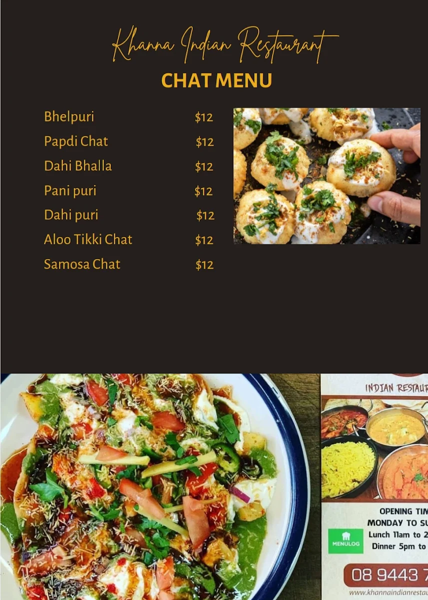 Menu, Khanna Indian Restaurant