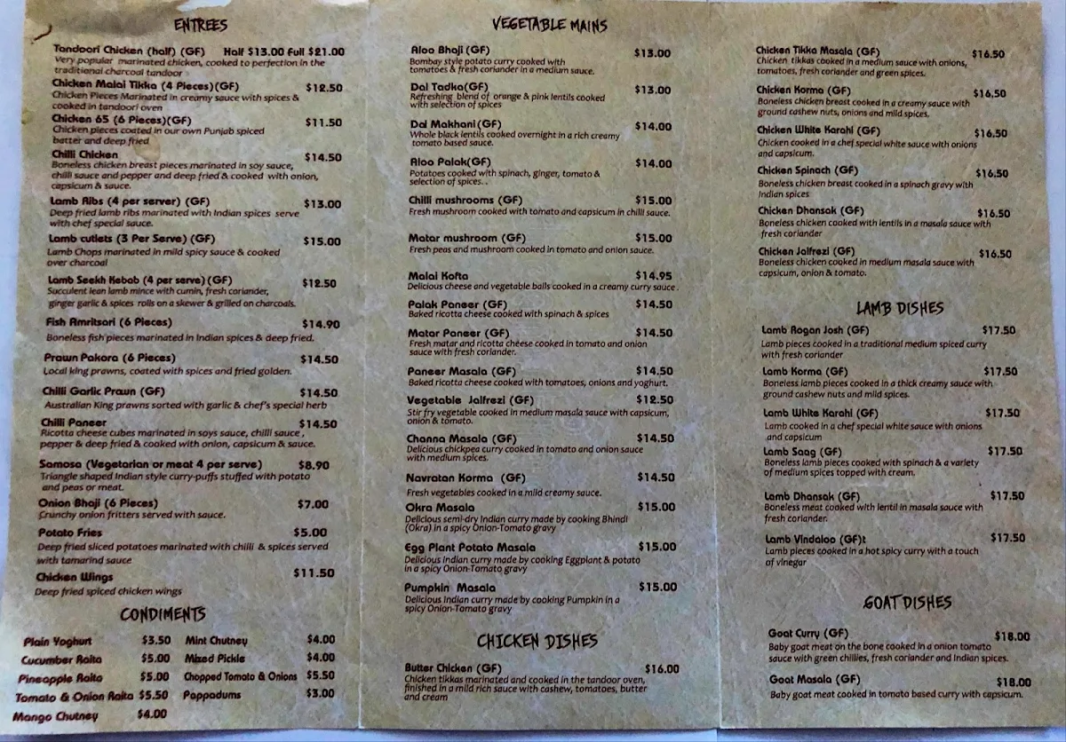Menu, Khanna Indian Restaurant