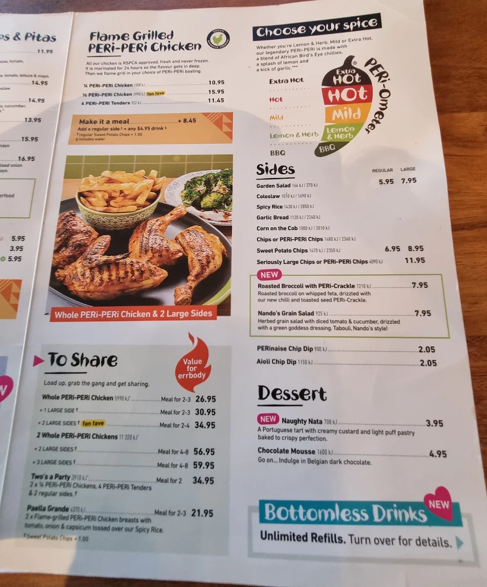 Menu, Nando's Tea Tree Plaza