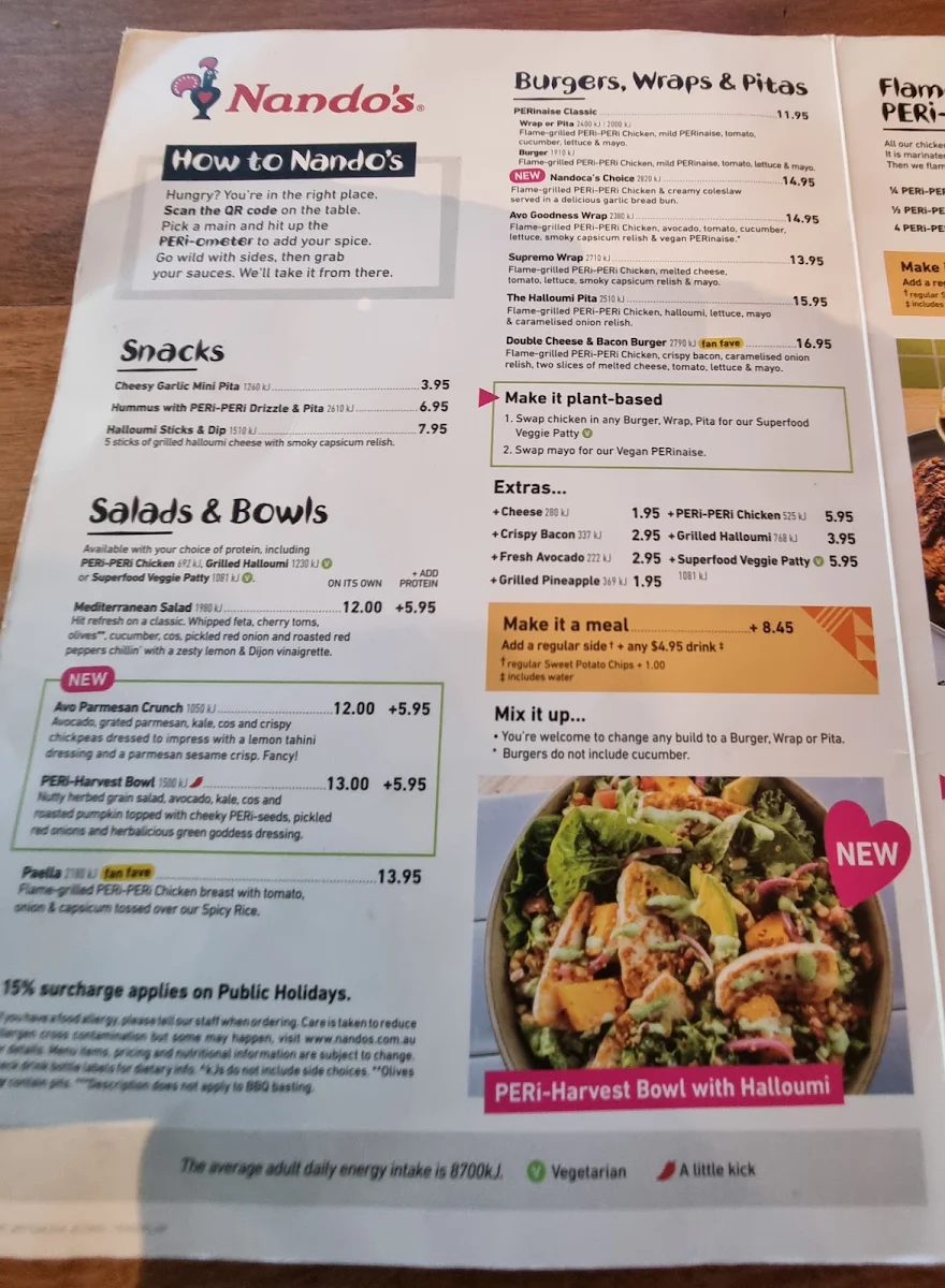 Menu, Nando's Tea Tree Plaza