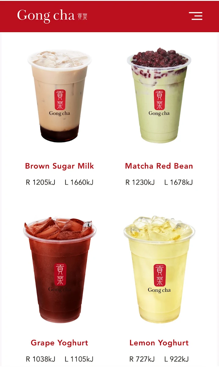 Menu, Gong Cha Canberra CBD