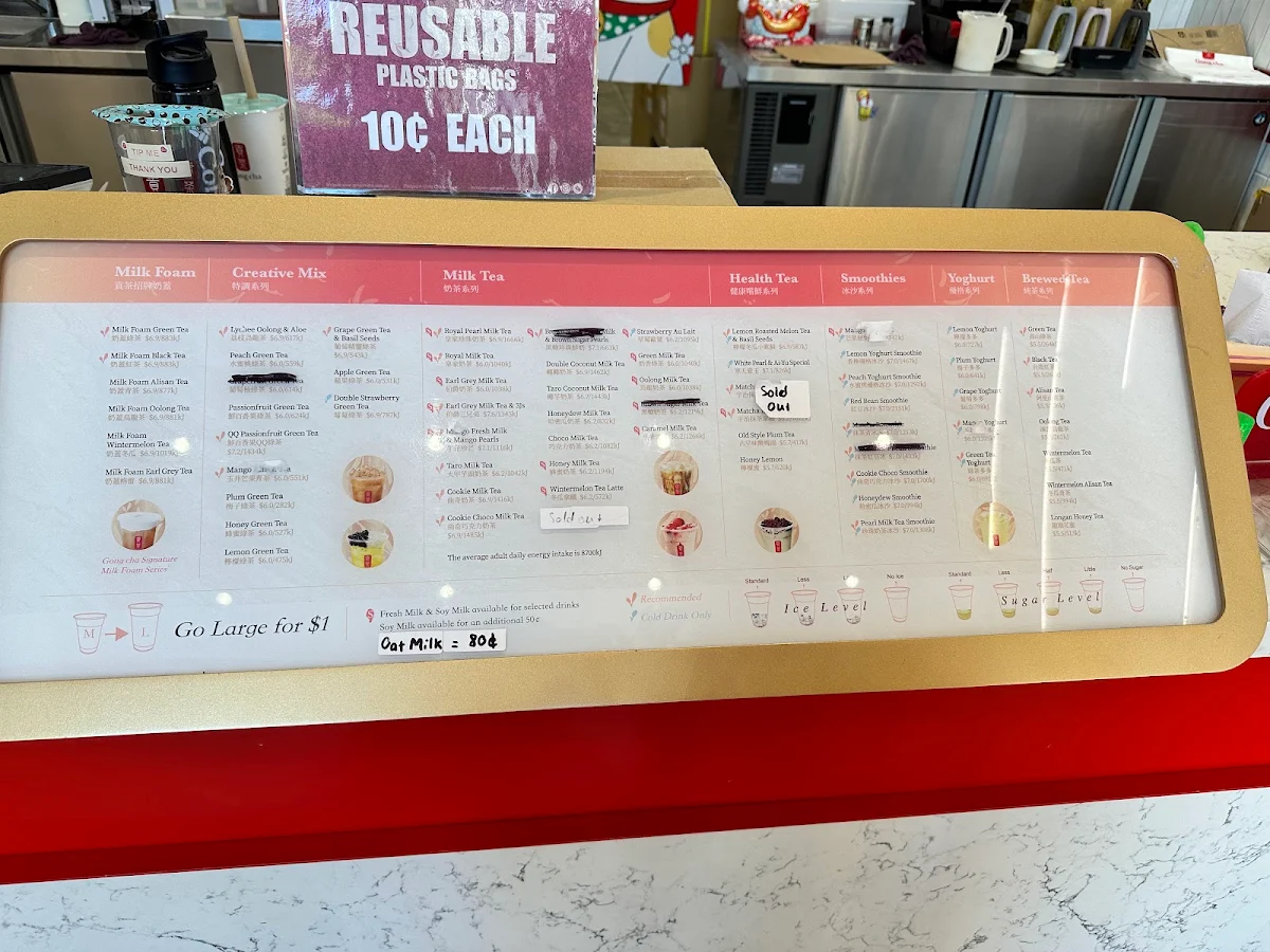 Menu, Gong Cha Canberra CBD