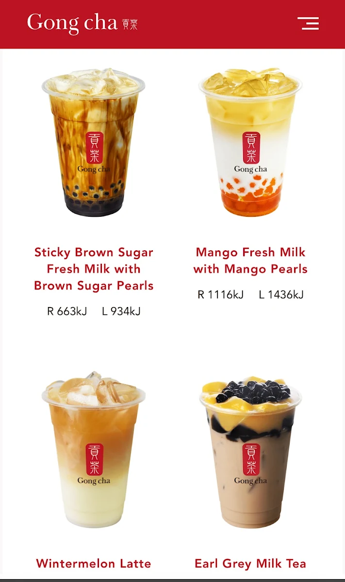Menu, Gong Cha Canberra CBD