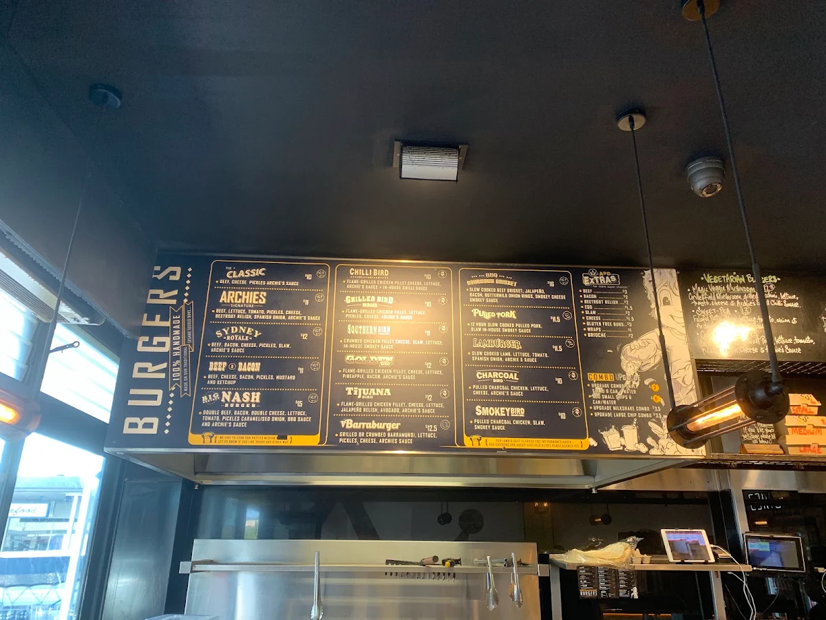 Menu, Archies Flame Grillé