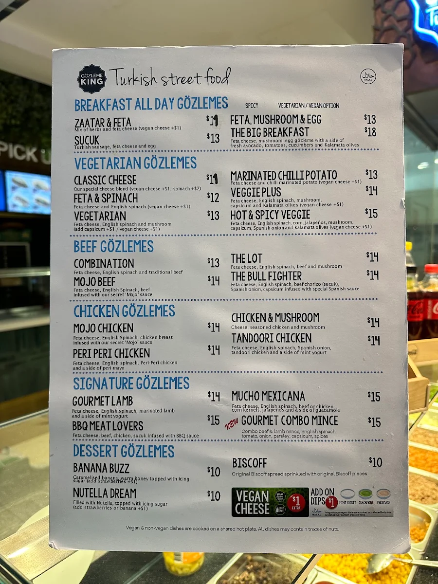 Menu, Gözleme King Sydney