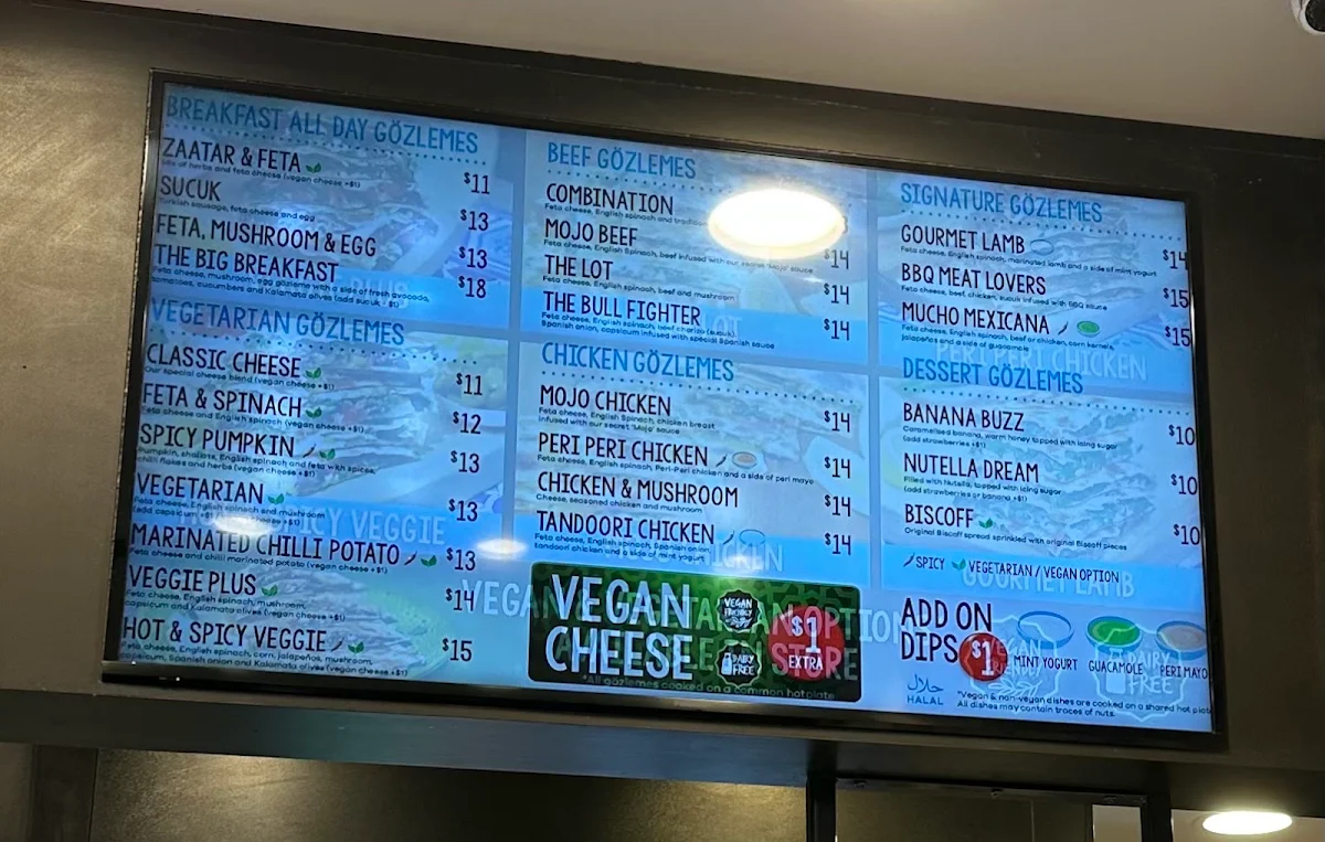 Menu, Gözleme King Sydney