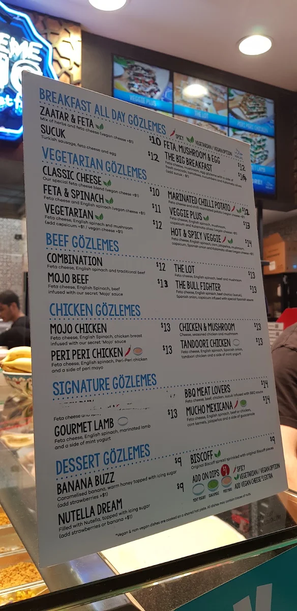 Menu, Gözleme King Sydney