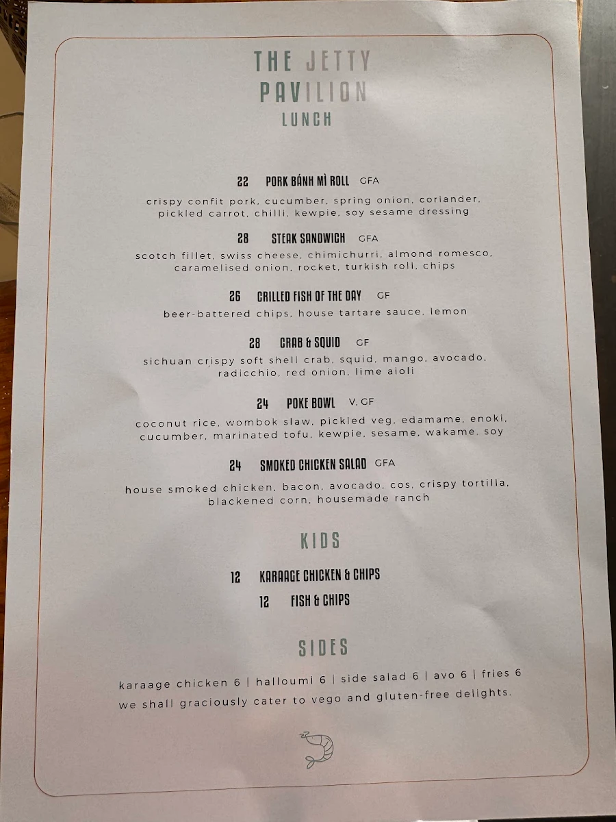 Menu, Jetty Pavilion - The Pav