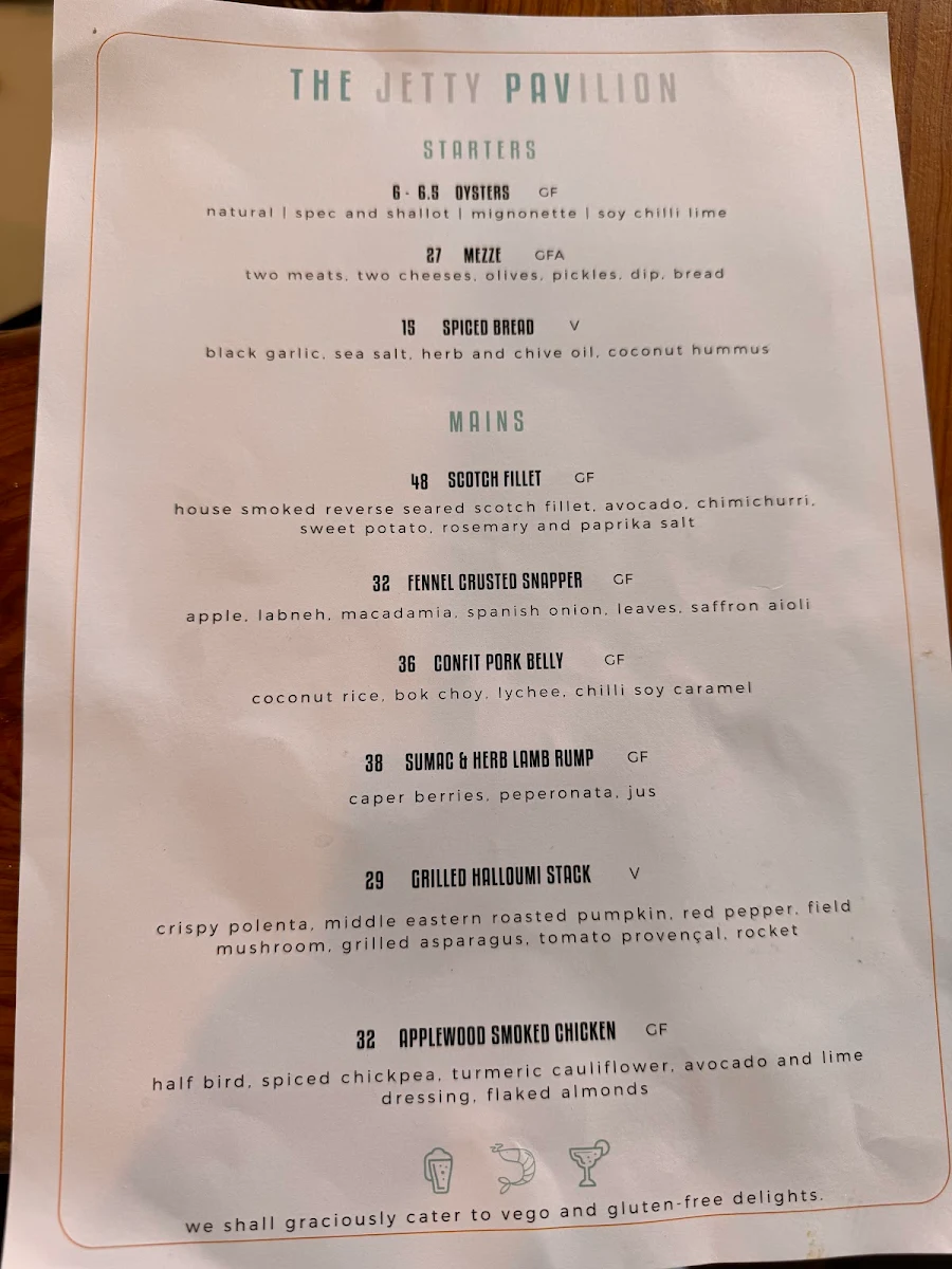 Menu, Jetty Pavilion - The Pav