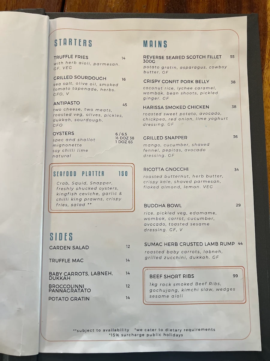 Menu, Jetty Pavilion - The Pav