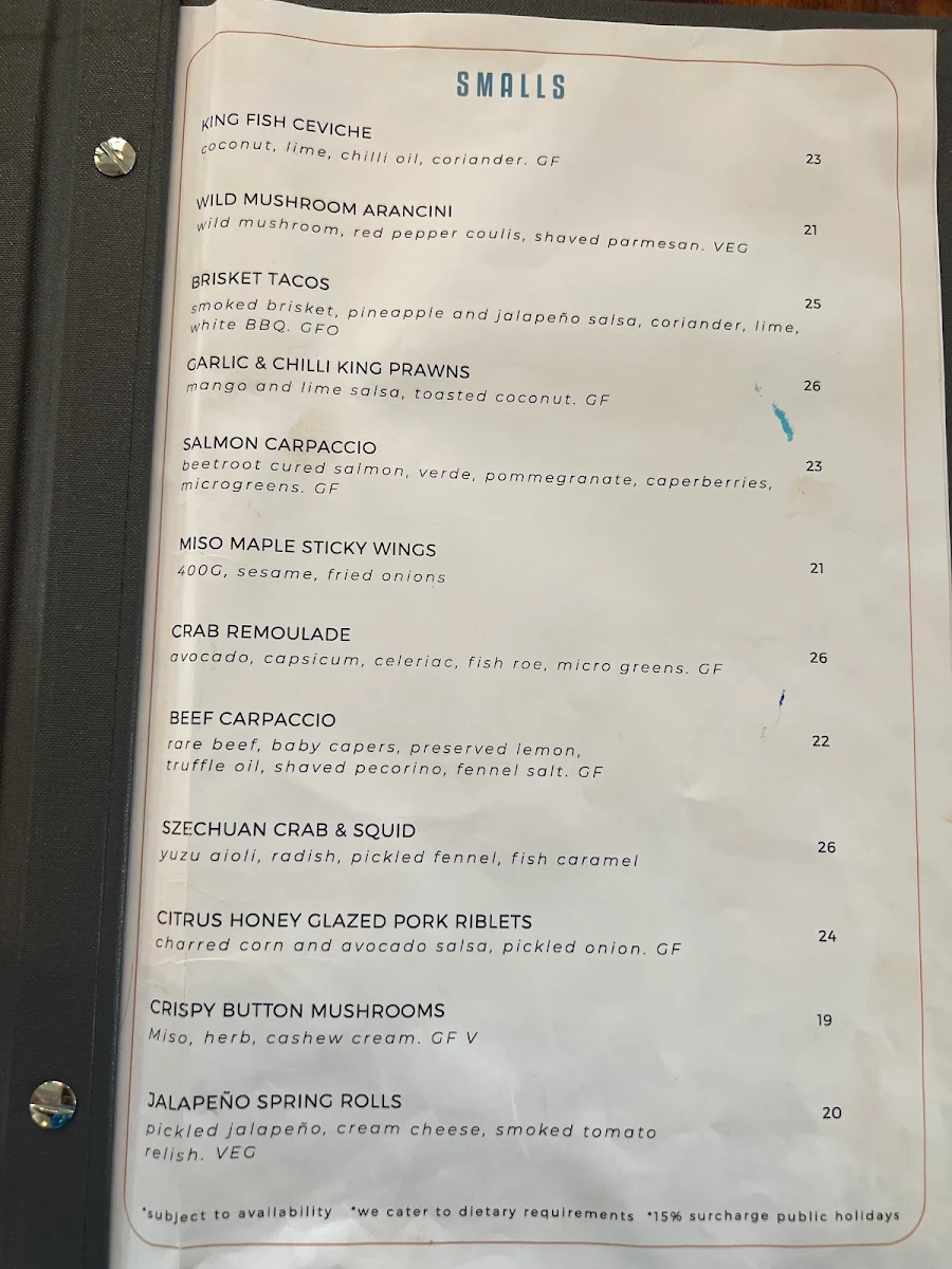 Menu, Jetty Pavilion - The Pav