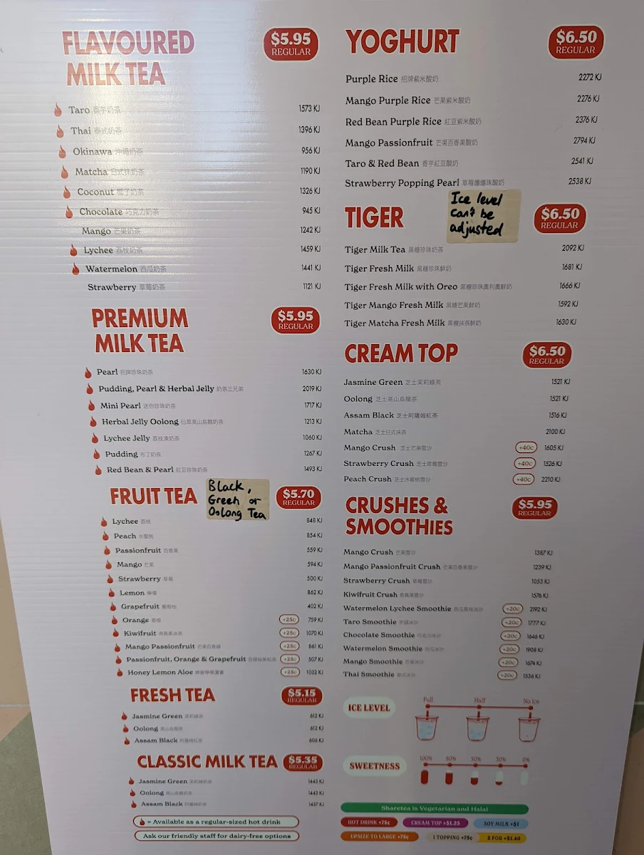 Menu, Sharetea Chatswood (Interchange)