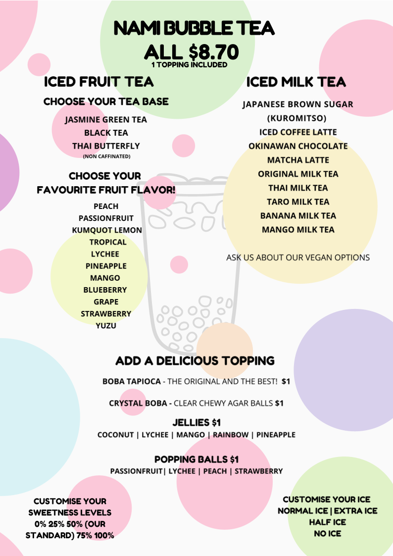 Menu, Nami Sushi & Bubble Tea