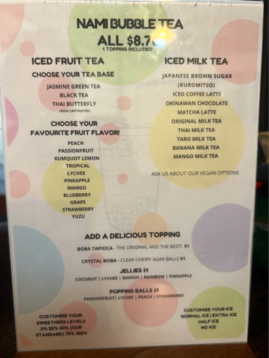 Menu, Nami Sushi & Bubble Tea