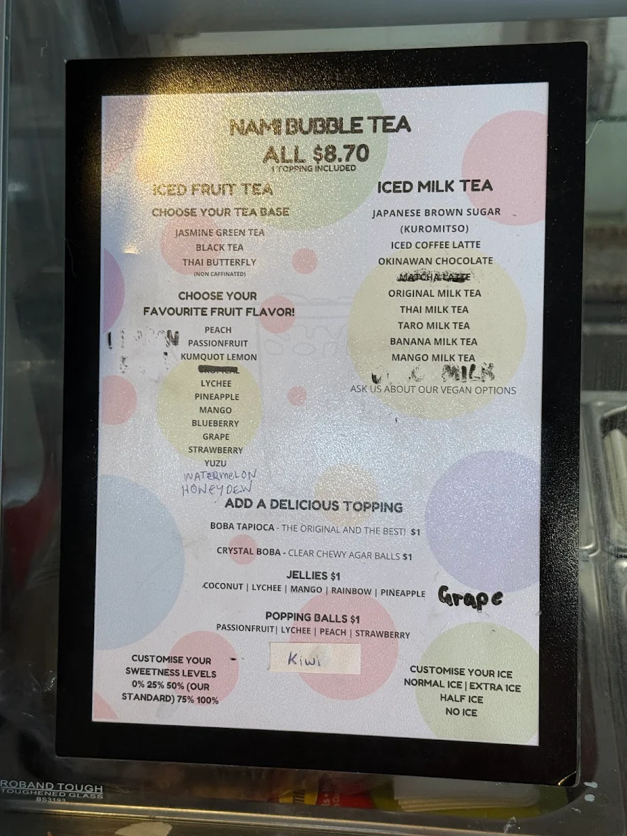 Menu, Nami Sushi & Bubble Tea