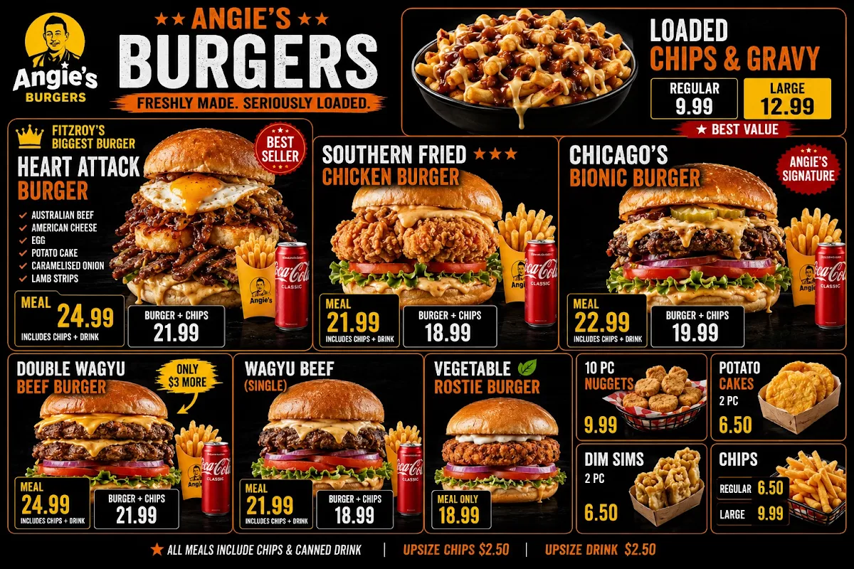 Menu, Angie's kebabs & Burgers ( Fitzroy North, Halal )