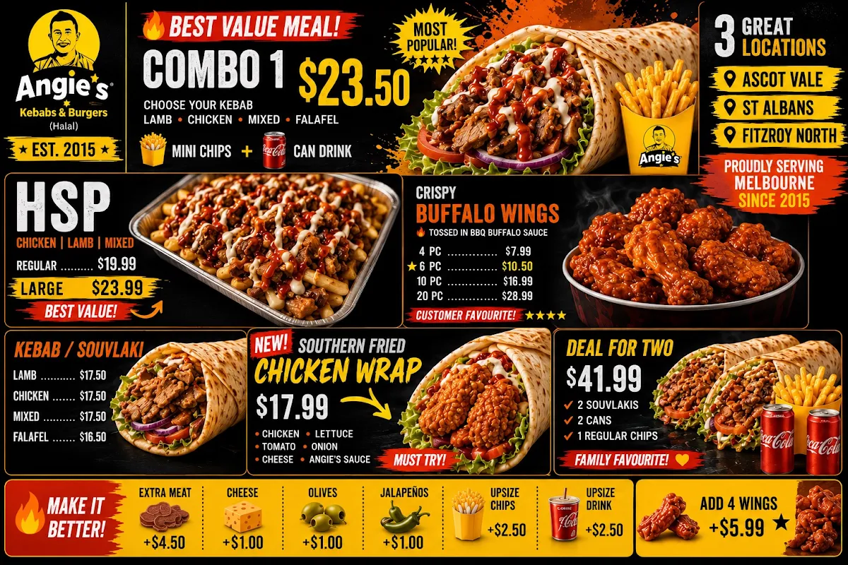 Menu, Angie's kebabs & Burgers ( Fitzroy North, Halal )