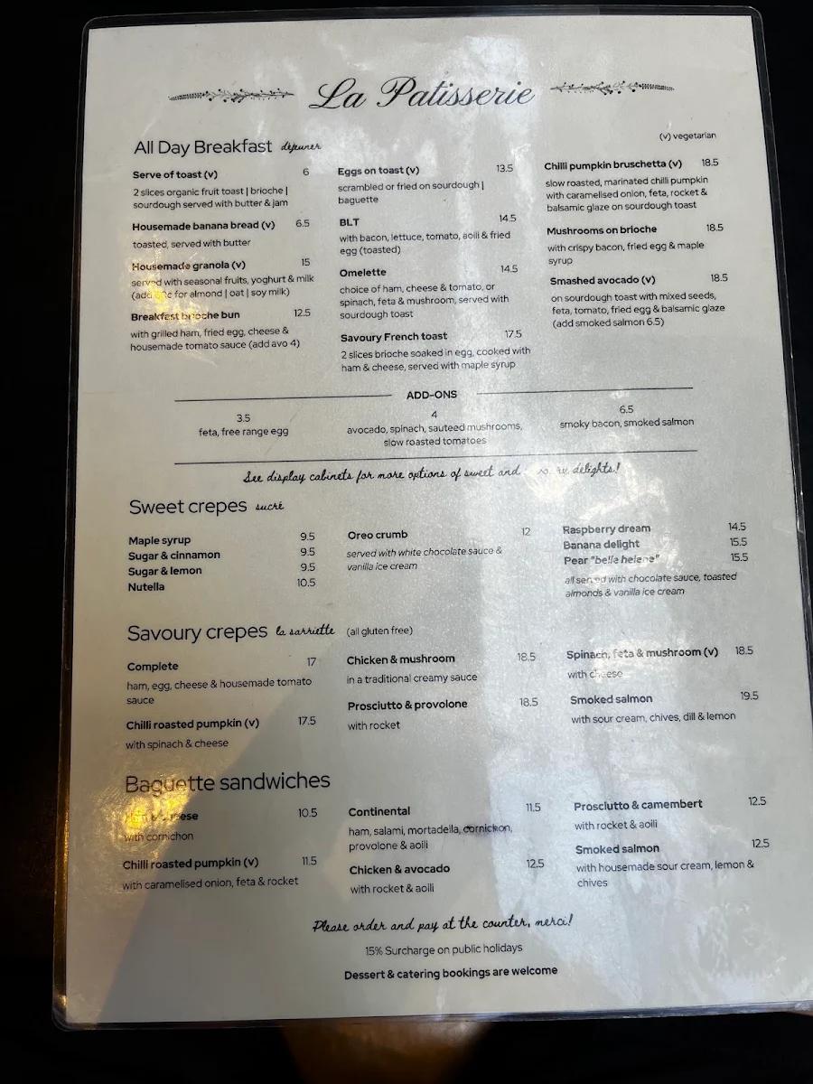 Menu, La Patisserie