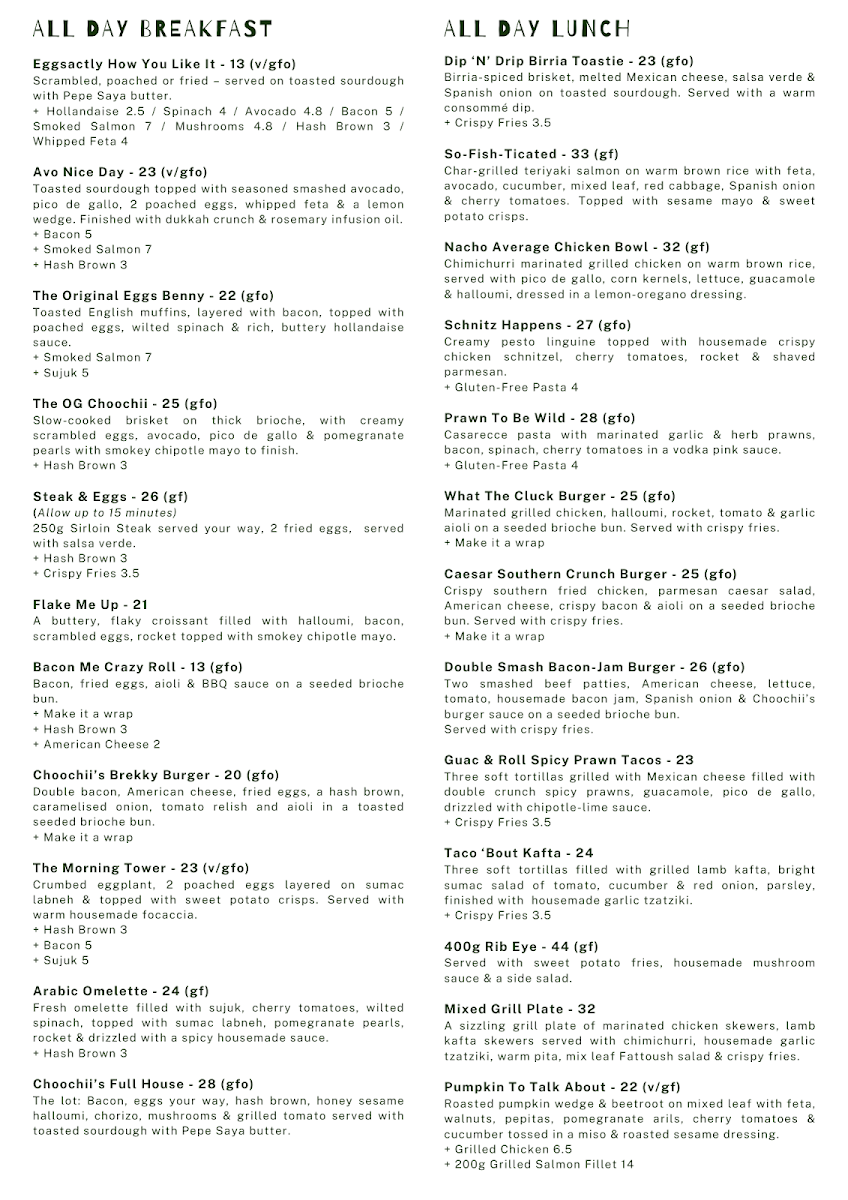 Menu, Choochii's