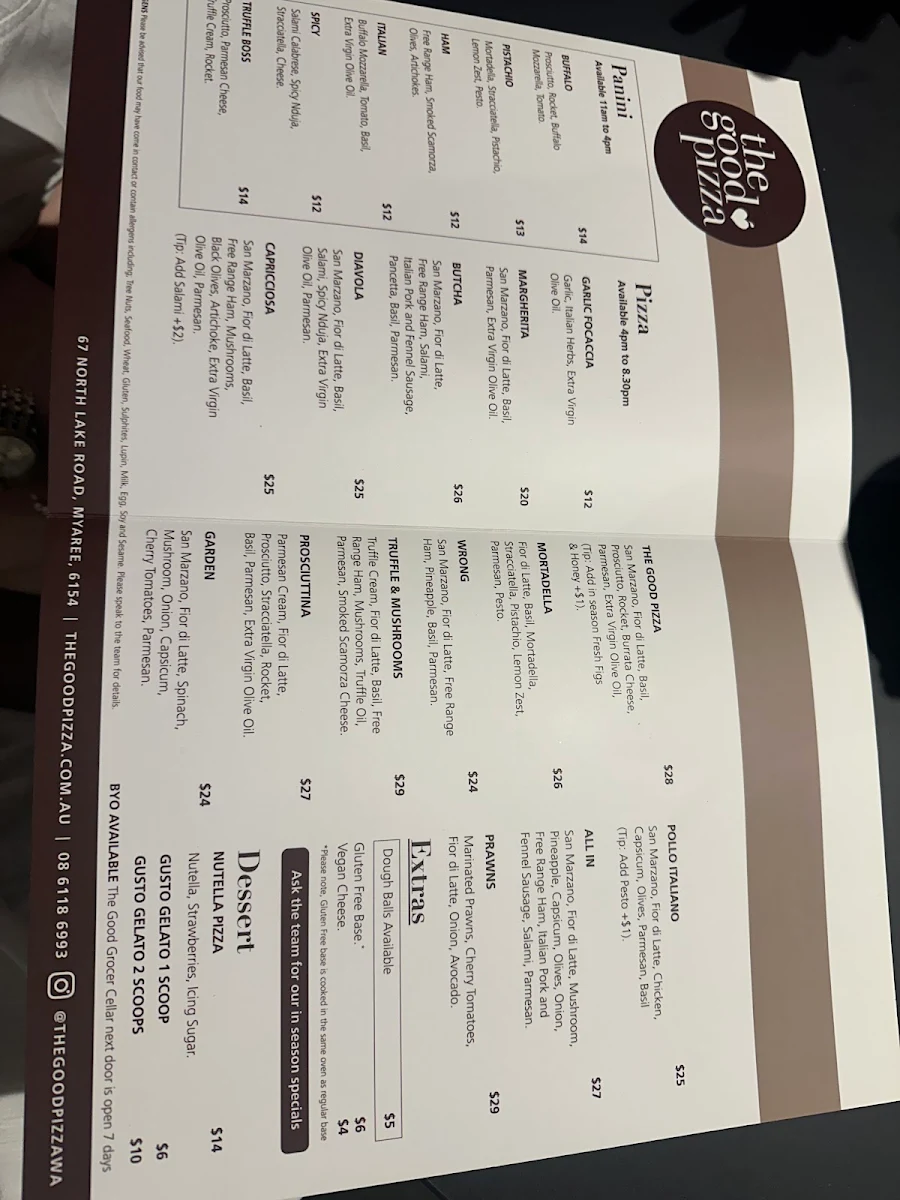 Menu, The Good Pizza