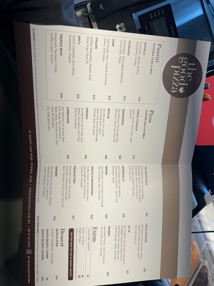 Menu, The Good Pizza