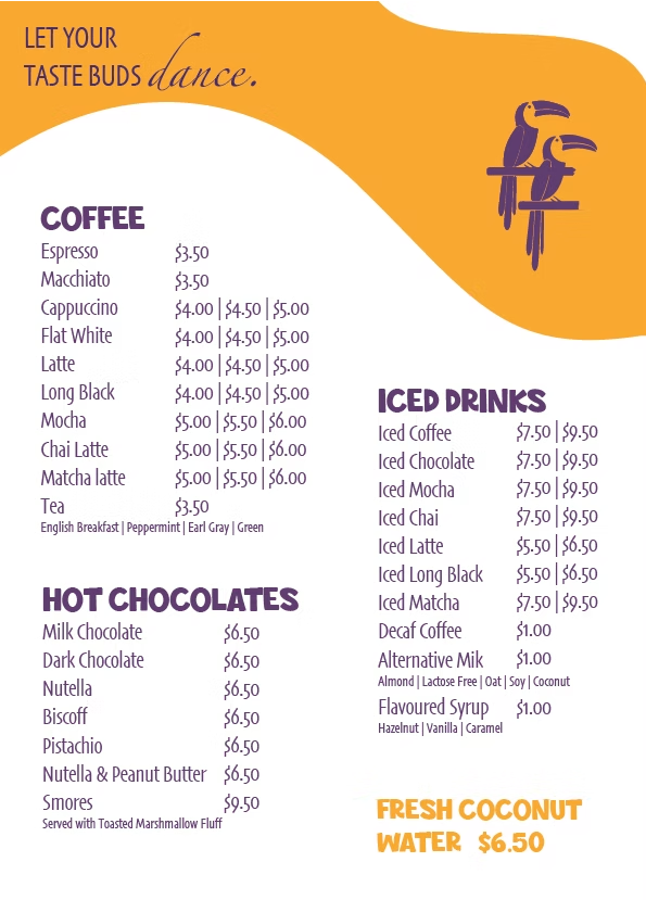 Menu, Toucan Tango Nobby Beach | Best Acai Gold Coast & Desserts