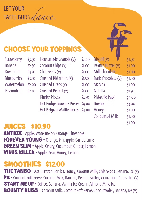 Menu, Toucan Tango Nobby Beach | Best Acai Gold Coast & Desserts