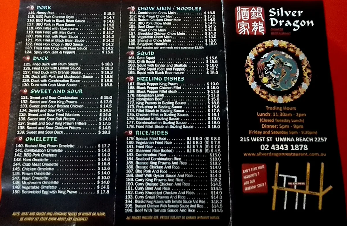 Menu, Silver Dragon Chinese Restaurant
