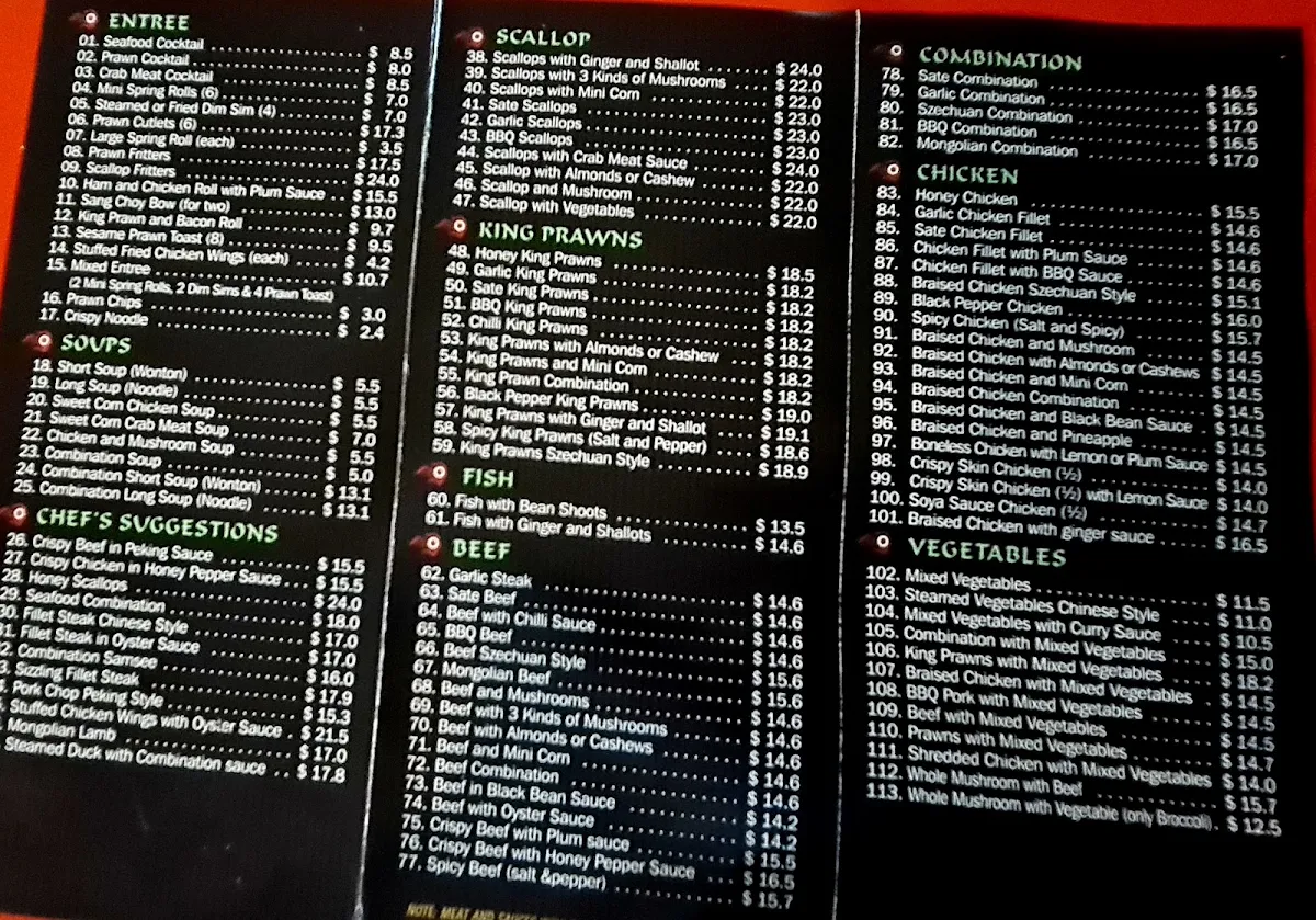 Menu, Silver Dragon Chinese Restaurant