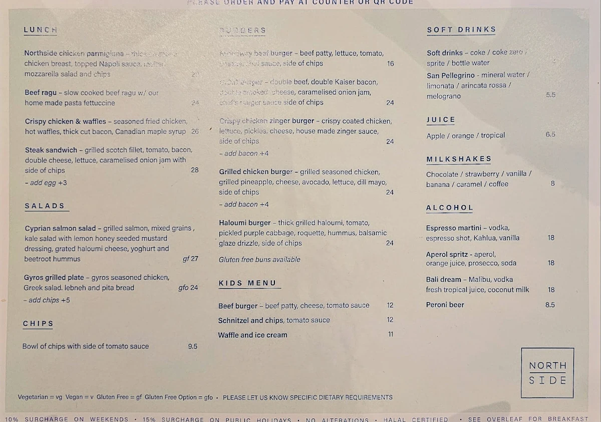 Menu, Northside